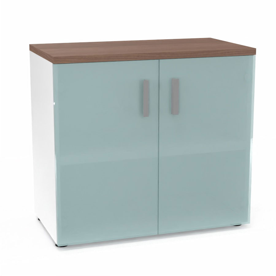 Armoire mlamine Armand 1 tablette H. 73,5 x L. 80 x P. 43,2 cm corps d'armoire finition mlamine blanc neige avec 2 portes verre dpoli transparent et top structurel mlamine noyer ambr