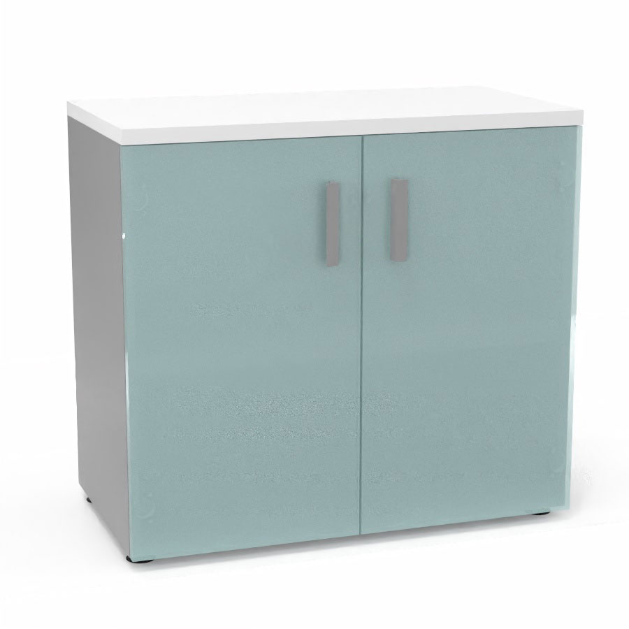 Armoire mlamine Armand 1 tablette H. 73,5 x L. 80 x P. 43,2 cm corps d'armoire finition mlamine gris aluminium avec 2 portes verre dpoli transparent et top structurel mlamine blanc neige