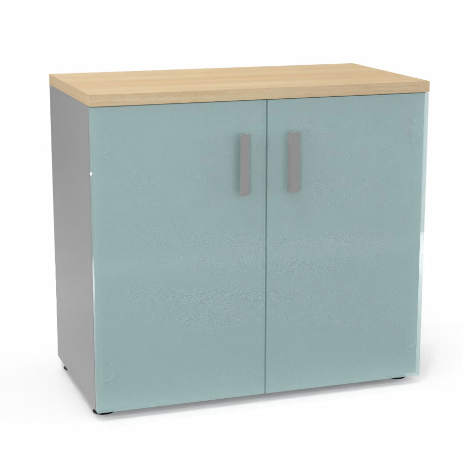 Armoire mlamine Armand 1 tablette H. 73,5 x L. 80 x P. 43,2 cm corps d'armoire finition mlamine gris aluminium avec 2 portes verre dpoli transparent et top structurel mlamine chne clair
