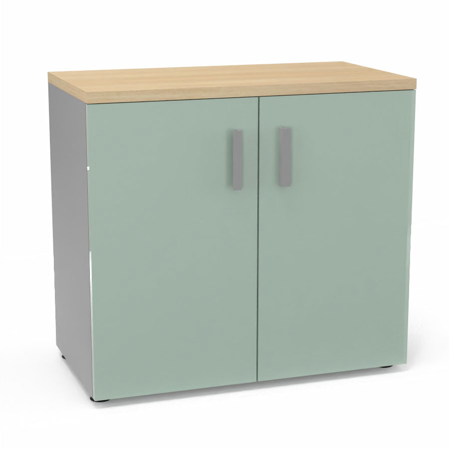 Armoire mlamine Armand 1 tablette H. 73,5 x L. 80 x P. 43,2 cm corps d'armoire finition mlamine gris aluminium avec 2 portes verre maill blanc et top structurel mlamine chne clair