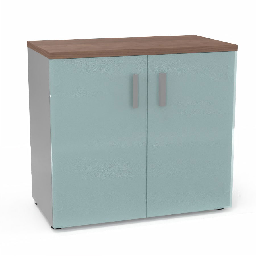 Armoire mlamine Armand 1 tablette H. 73,5 x L. 80 x P. 43,2 cm corps d'armoire finition mlamine gris aluminium avec 2 portes verre dpoli transparent et top structurel mlamine noyer ambr