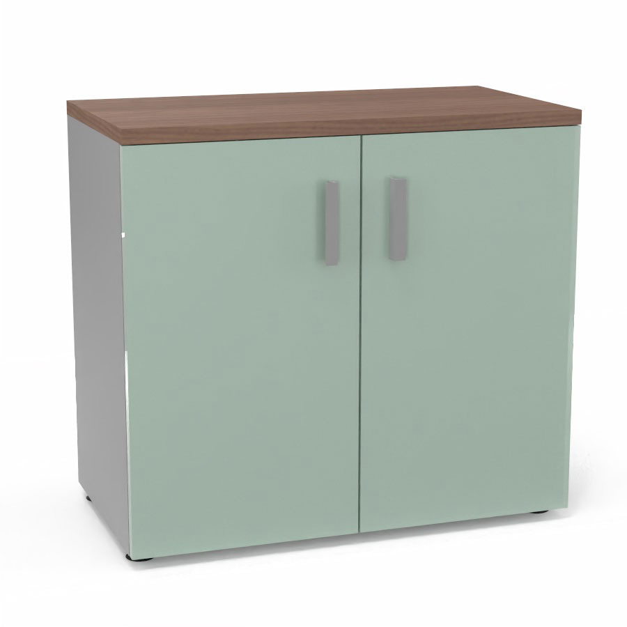 Armoire mlamine Armand 1 tablette H. 73,5 x L. 80 x P. 43,2 cm corps d'armoire finition mlamine gris aluminium avec 2 portes verre maill blanc et top structurel mlamine noyer ambr