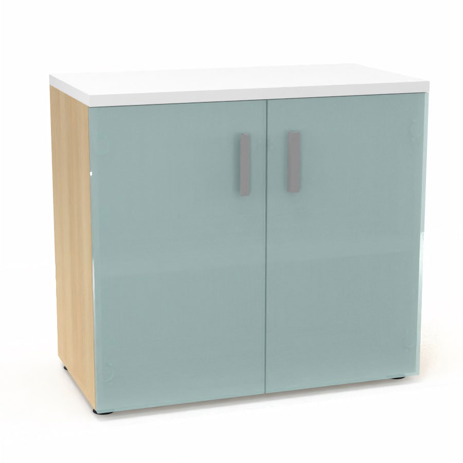 Armoire mlamine Armand 1 tablette H. 73,5 x L. 80 x P. 43,2 cm corps d'armoire finition mlamine chne clair avec 2 portes verre dpoli transparent et top structurel mlamine blanc neige