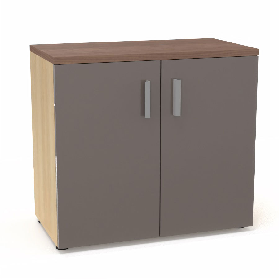 Armoire mlamine Armand 1 tablette H. 73,5 x L. 80 x P. 43,2 cm corps d'armoire finition mlamine chne clair avec 2 portes verre maill gris souris et top structurel mlamine noyer ambr
