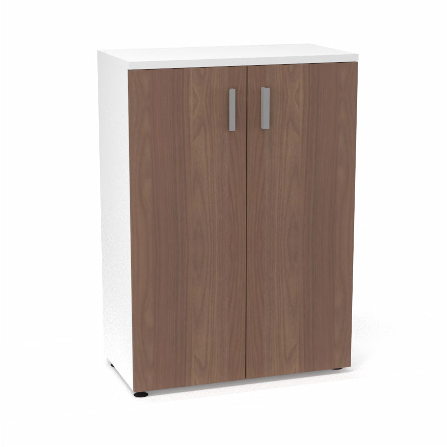 Armoire mlamine Armand 2 tablettes H. 113,5 x L. 80 x P. 43,2 cm corps et top finition mlamine blanc neige avec 2 portes soft-closing mlamine noyer ambr