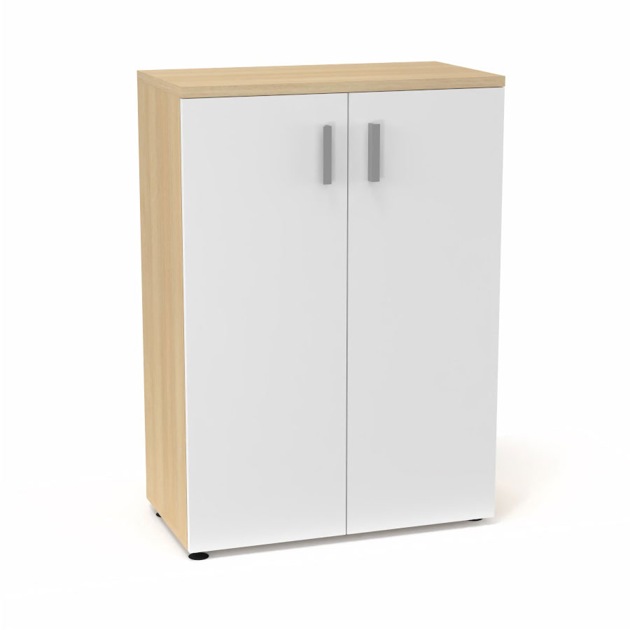 Armoire mlamine Armand 2 tablettes H. 113,5 x L. 80 x P. 43,2 cm corps et top finition mlamine chne clair avec 2 portes soft-closing mlamine blanc neige