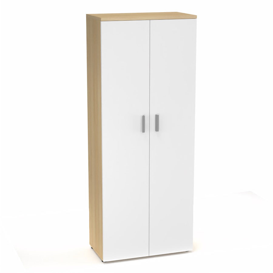 Armoire mlamine Armand 4 tablettes H. 202,1 x L. 80 x P. 43,2 cm corps et top finition mlamine chne clair avec 2 portes soft-closing mlamine blanc neige