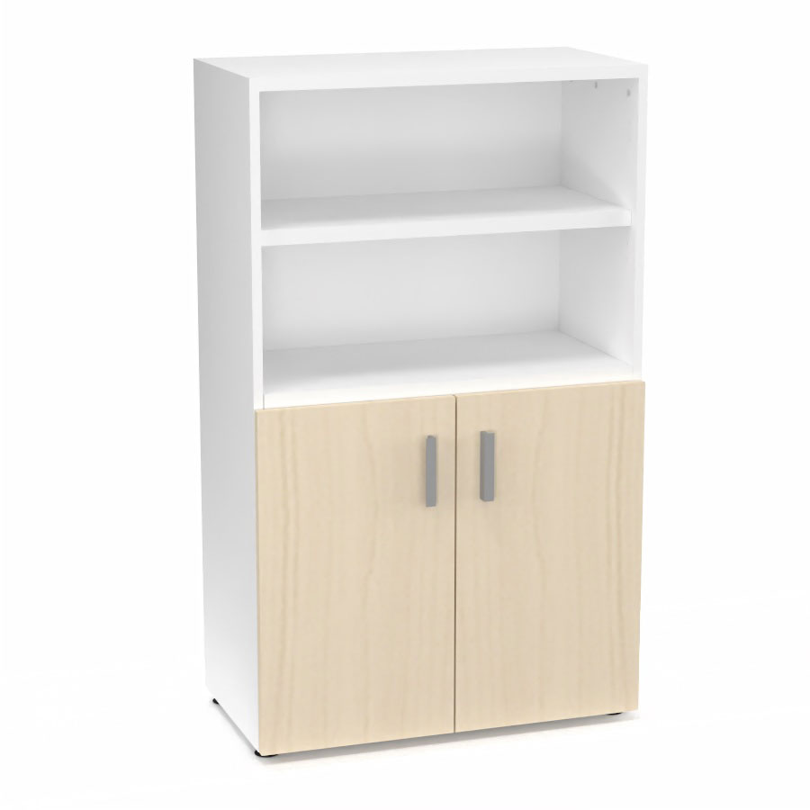 Armoire bibliothque Armand mlamine 3 tablettes H. 133,5 x L. 80 x P. 43,2 cm corps et top finition mlamine blanc neige avec 2 portes H. 735 cm mlamine rable blanc