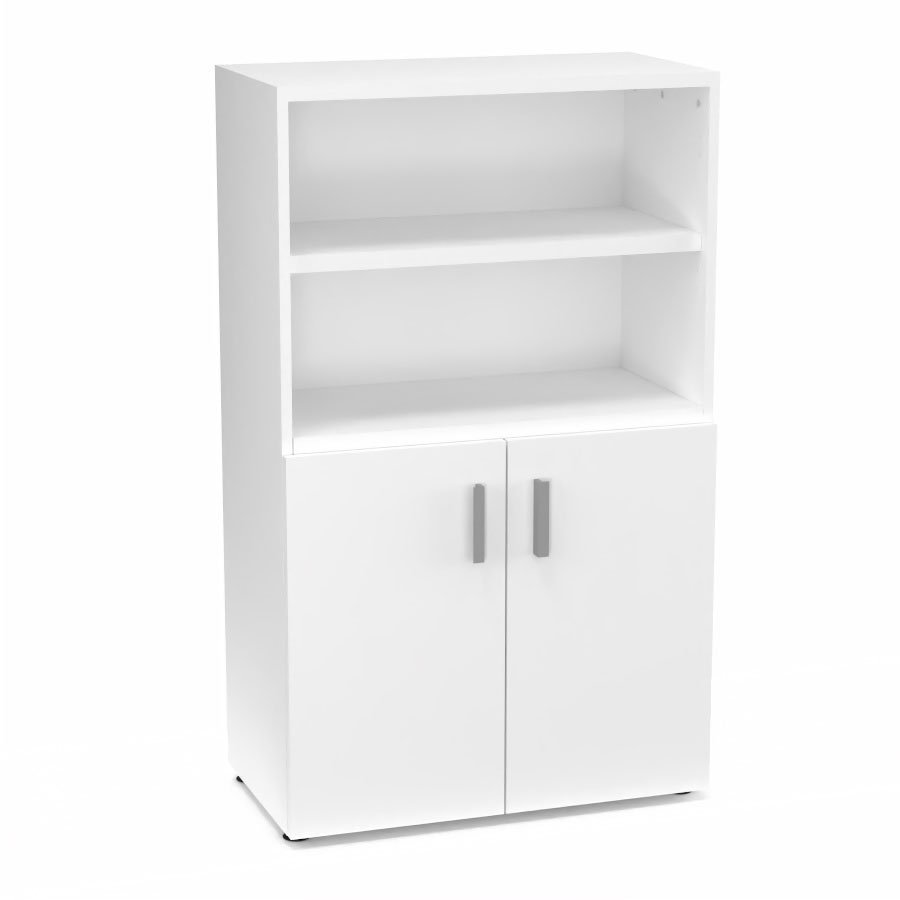 Armoire bibliothque Armand mlamine 3 tablettes H. 133,5 x L. 80 x P. 43,2 cm corps et top finition mlamine blanc neige avec 2 portes H. 735 cm mlamine blanc neige