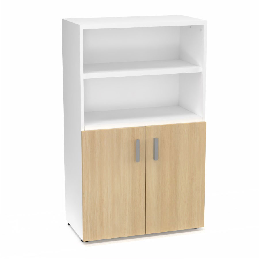 Armoire bibliothque Armand mlamine 3 tablettes H. 133,5 x L. 80 x P. 43,2 cm corps et top finition mlamine blanc neige avec 2 portes H. 735 cm mlamine chne clair