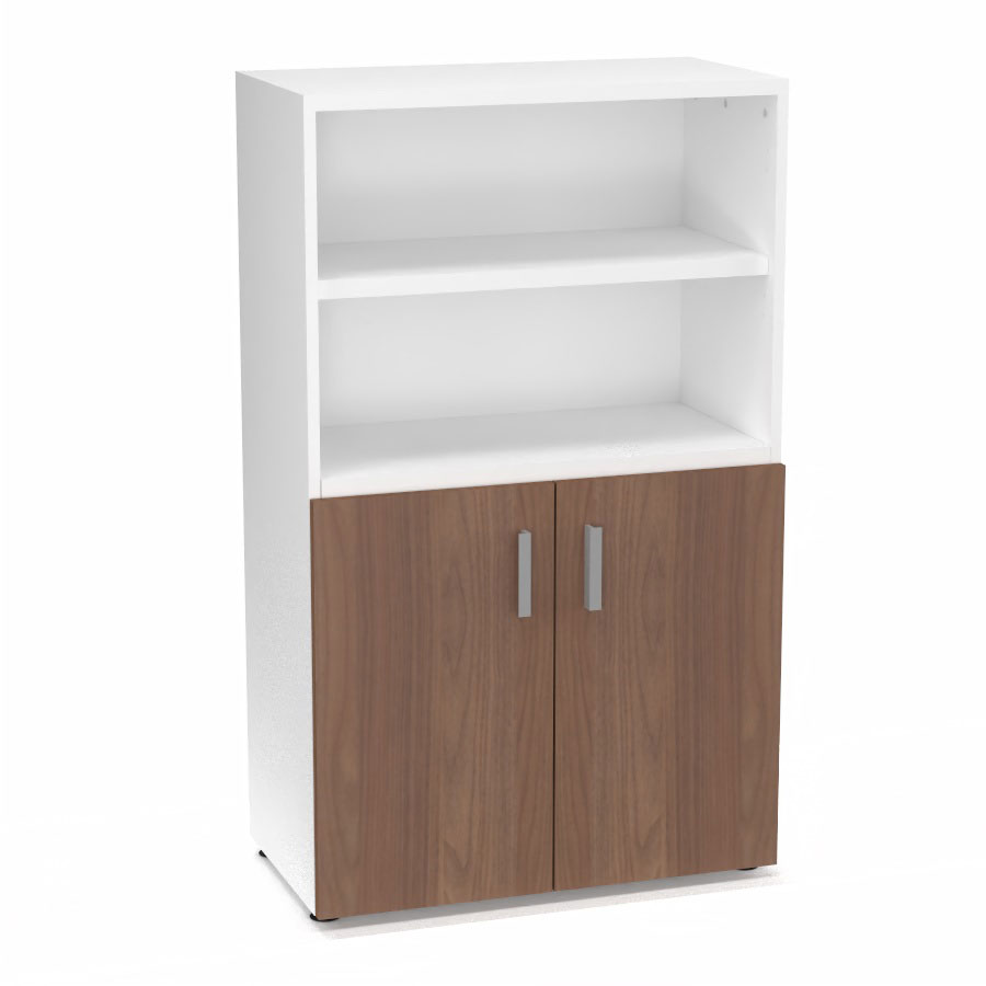 Armoire bibliothque Armand mlamine 3 tablettes H. 133,5 x L. 80 x P. 43,2 cm corps et top finition mlamine blanc neige avec 2 portes H. 735 cm mlamine noyer ambr