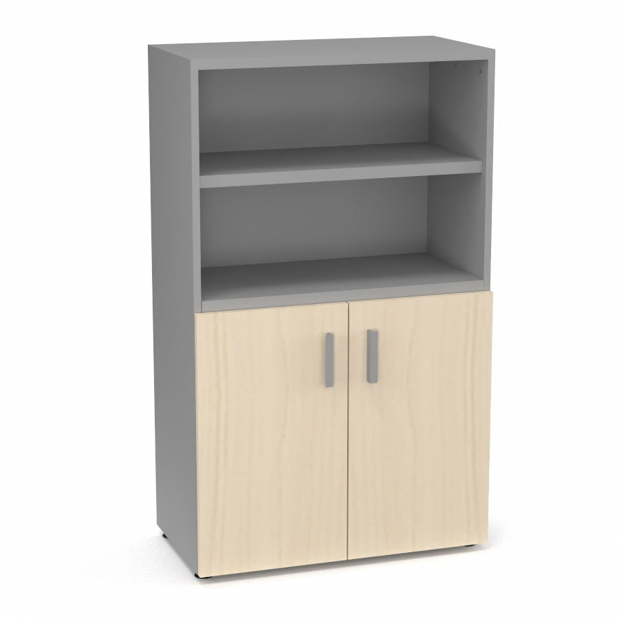 Armoire bibliothque Armand mlamine 3 tablettes H. 133,5 x L. 80 x P. 43,2 cm corps et top finition mlamine gris aluminium avec 2 portes H. 735 cm mlamine rable blanc