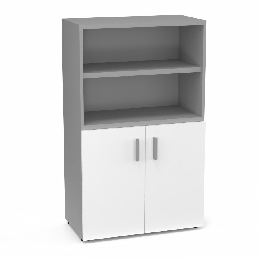 Armoire bibliothque Armand mlamine 3 tablettes H. 133,5 x L. 80 x P. 43,2 cm corps et top finition mlamine gris aluminium avec 2 portes H. 735 cm mlamine blanc neige