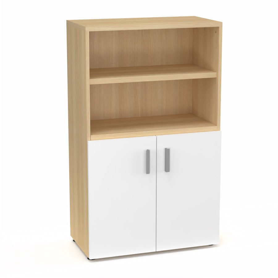 Armoire bibliothque Armand mlamine 3 tablettes H. 133,5 x L. 80 x P. 43,2 cm corps et top finition mlamine chne clair avec 2 portes H. 735 cm mlamine blanc neige