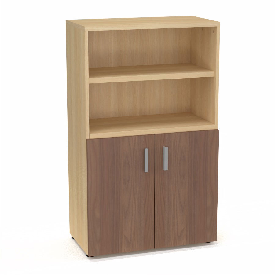 Armoire bibliothque Armand mlamine 3 tablettes H. 133,5 x L. 80 x P. 43,2 cm corps et top finition mlamine chne clair avec 2 portes H. 735 cm mlamine noyer ambr