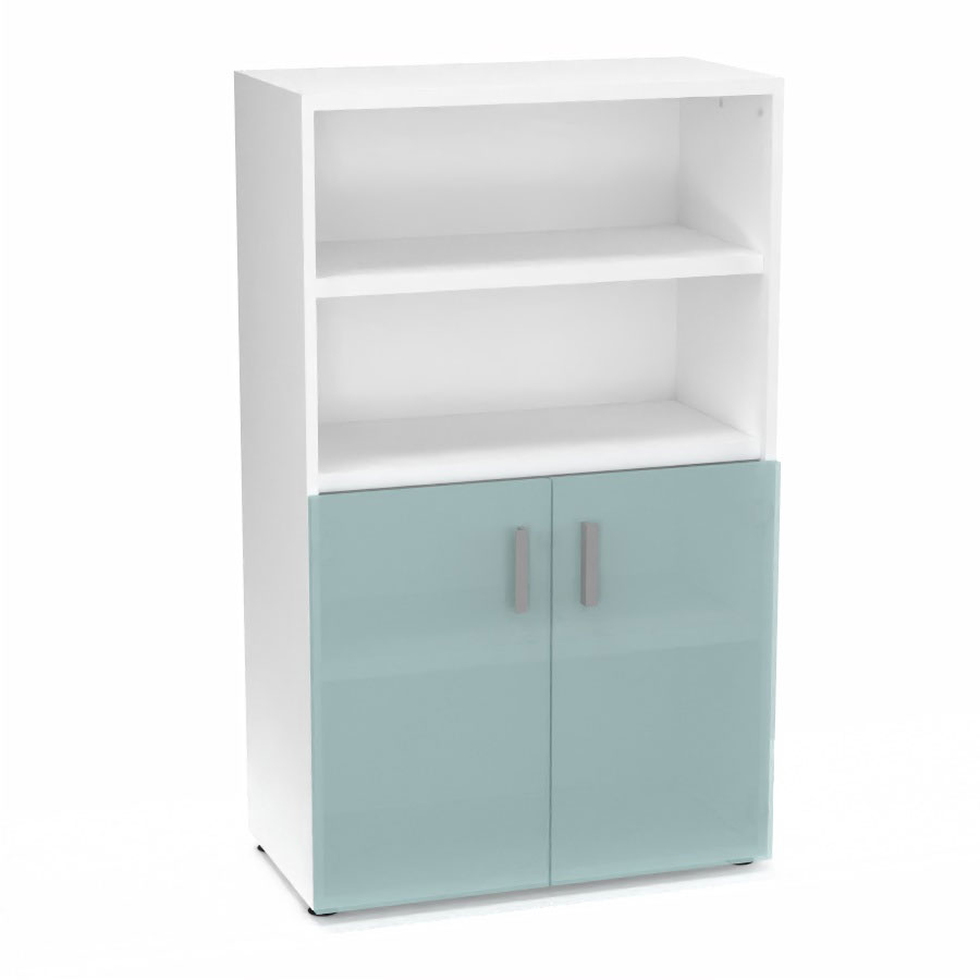 Armoire bibliothque Armand mlamine 3 tablettes H. 133,5 x L. 80 x P. 43,2 cm corps et top finition mlamine blanc neige avec 2 portes H. 735 cm verre dpoli transparent