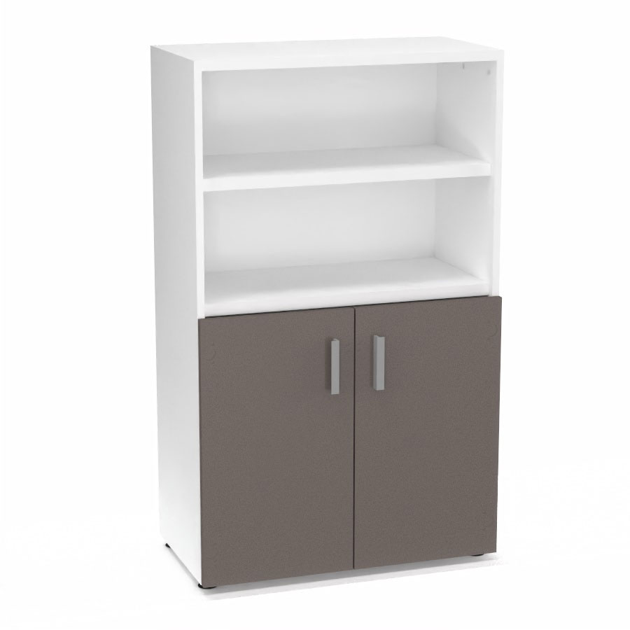 Armoire bibliothque Armand mlamine 3 tablettes H. 133,5 x L. 80 x P. 43,2 cm corps et top finition mlamine blanc neige avec 2 portes H. 735 cm verre maill gris souris