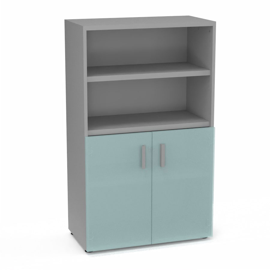 Armoire bibliothque Armand mlamine 3 tablettes H. 133,5 x L. 80 x P. 43,2 cm corps et top finition mlamine gris aluminium avec 2 portes H. 735 cm verre dpoli transparent