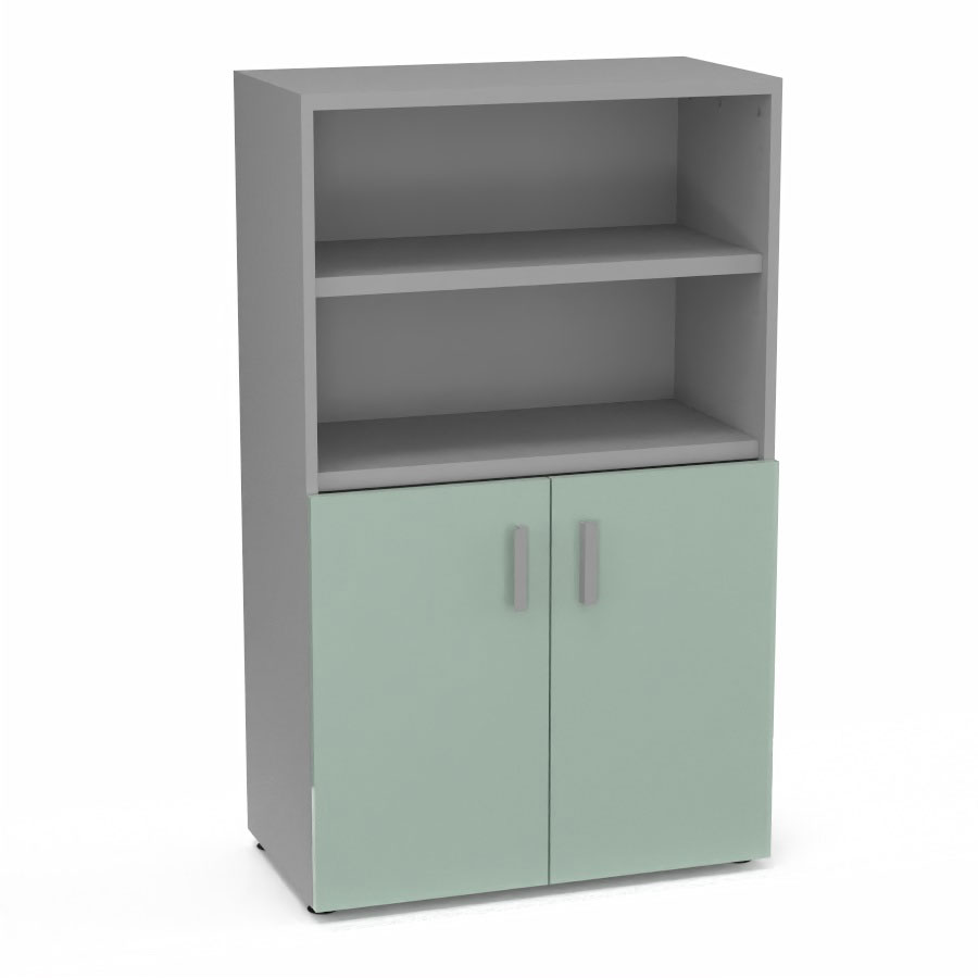 Armoire bibliothque Armand mlamine 3 tablettes H. 133,5 x L. 80 x P. 43,2 cm corps et top finition mlamine gris aluminium avec 2 portes H. 735 cm verre maill blanc