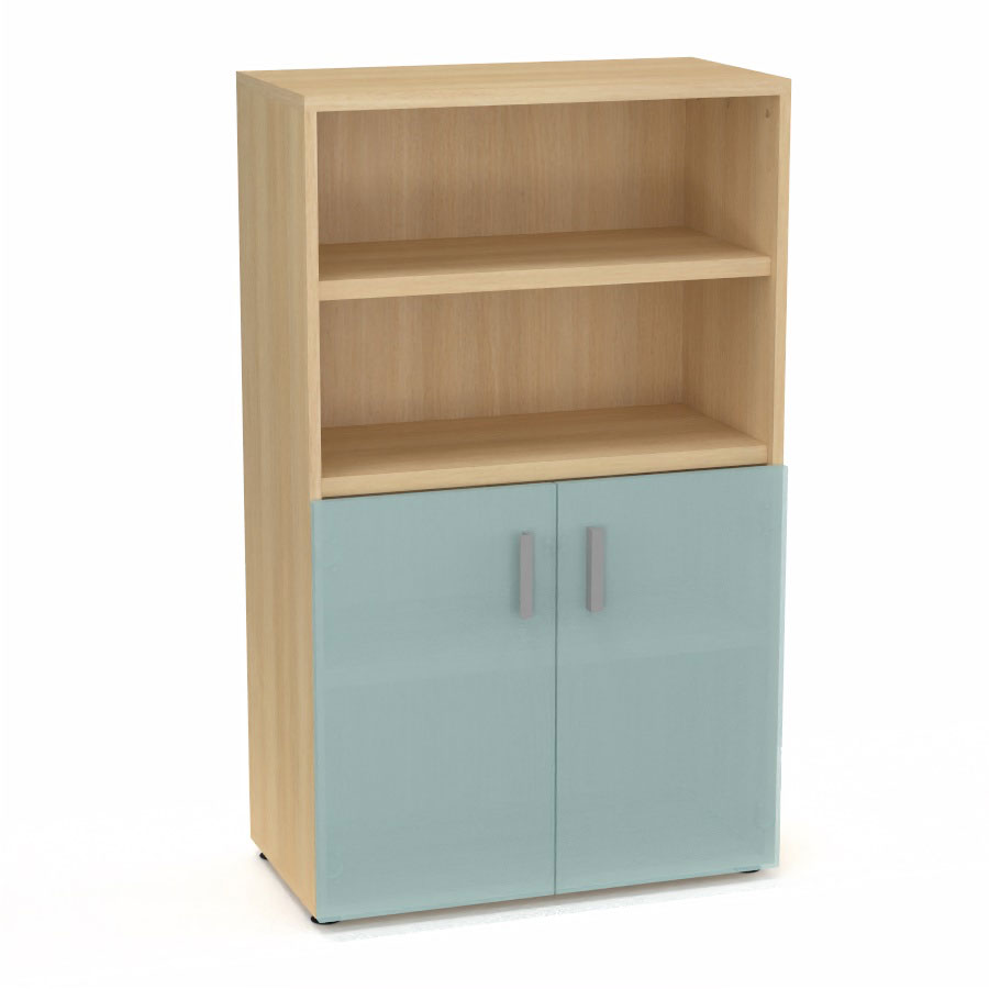 Armoire biblioth�que Armand m�lamine 3 tablettes H. 133,5 x L. 80 x P. 43,2 cm corps et top finition m�lamine ch�ne clair avec 2 portes H. 735 cm verre d�poli transparent