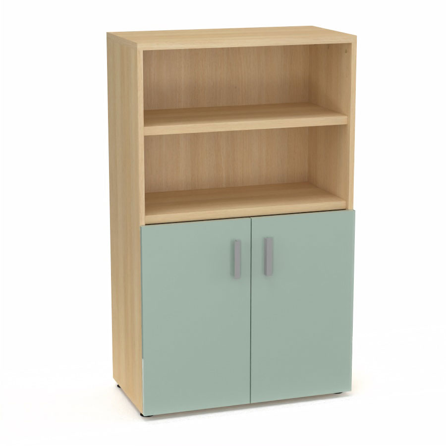 Armoire biblioth�que Armand m�lamine 3 tablettes H. 133,5 x L. 80 x P. 43,2 cm corps et top finition m�lamine ch�ne clair avec 2 portes H. 735 cm verre �maill� blanc