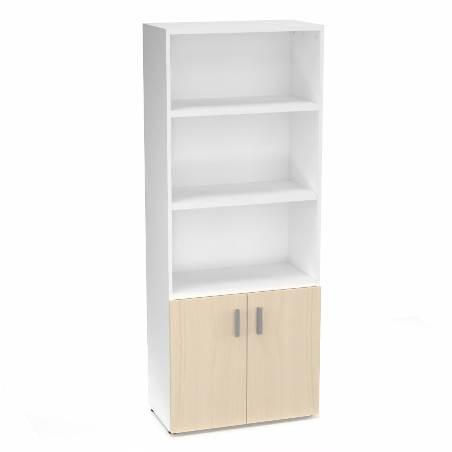 Armoire biblioth�que Armand m�lamine 4 tablettes H. 202,1 x L. 80 x P. 43,2 cm corps et top finition m�lamine blanc neige avec 2 portes soft-closing H. 735 cm m�lamine �rable blanc