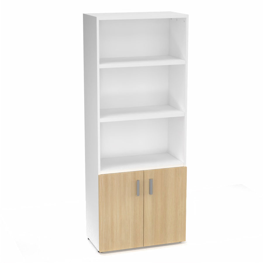 Armoire biblioth�que Armand m�lamine 4 tablettes H. 202,1 x L. 80 x P. 43,2 cm corps et top finition m�lamine blanc neige avec 2 portes soft-closing H. 735 cm m�lamine ch�ne clair