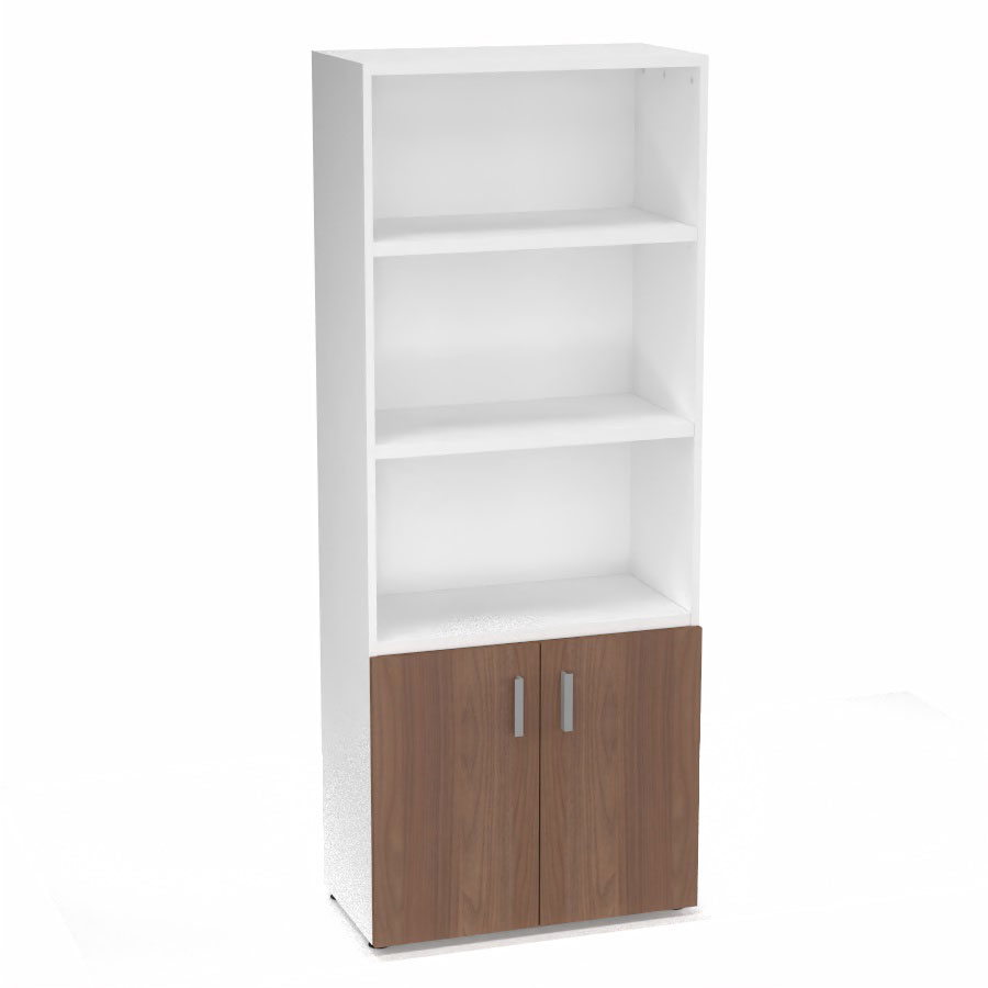 Armoire biblioth�que Armand m�lamine 4 tablettes H. 202,1 x L. 80 x P. 43,2 cm corps et top finition m�lamine blanc neige avec 2 portes soft-closing H. 735 cm m�lamine noyer ambr�