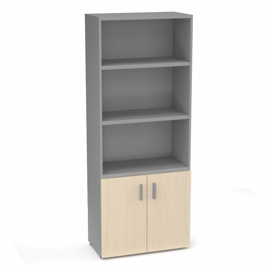 Armoire bibliothque Armand mlamine 4 tablettes H. 202,1 x L. 80 x P. 43,2 cm corps et top finition mlamine gris aluminium avec 2 portes soft-closing H. 735 cm mlamine rable blanc
