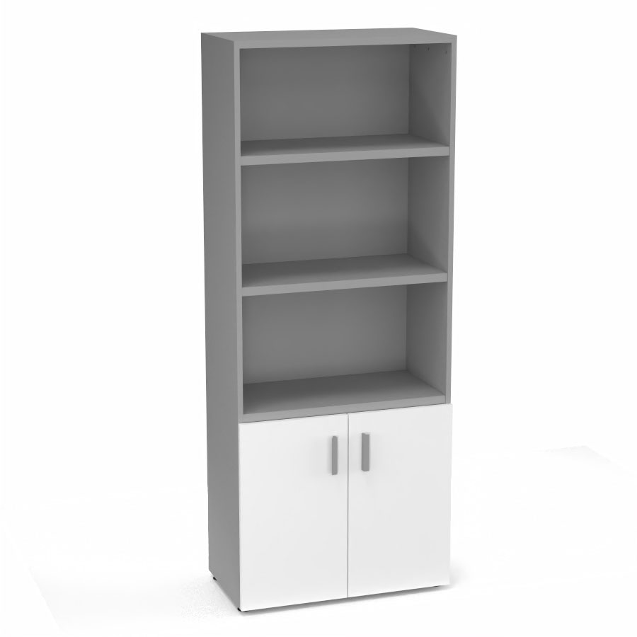 Armoire bibliothque Armand mlamine 4 tablettes H. 202,1 x L. 80 x P. 43,2 cm corps et top finition mlamine gris aluminium avec 2 portes soft-closing H. 735 cm mlamine blanc neige