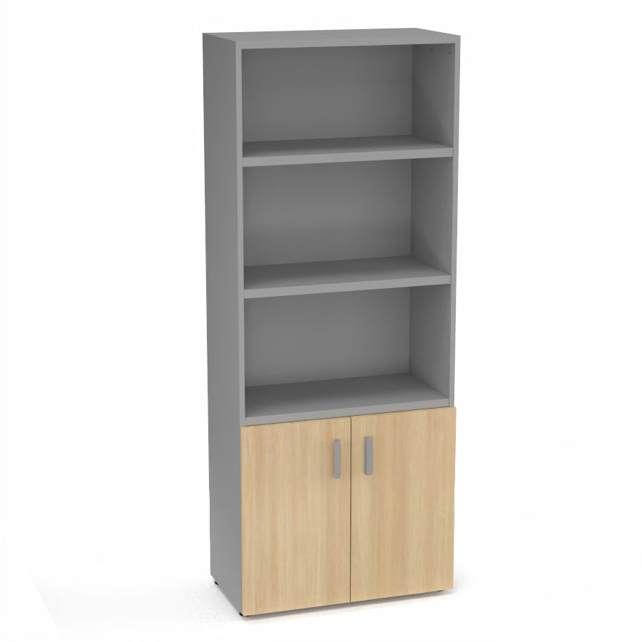 Armoire bibliothque Armand mlamine 4 tablettes H. 202,1 x L. 80 x P. 43,2 cm corps et top finition mlamine gris aluminium avec 2 portes soft-closing H. 735 cm mlamine chne clair