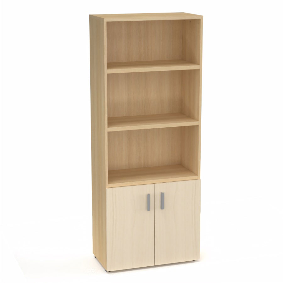Armoire bibliothque Armand mlamine 4 tablettes H. 202,1 x L. 80 x P. 43,2 cm corps et top finition mlamine chne clair avec 2 portes soft-closing H. 735 cm mlamine rable blanc