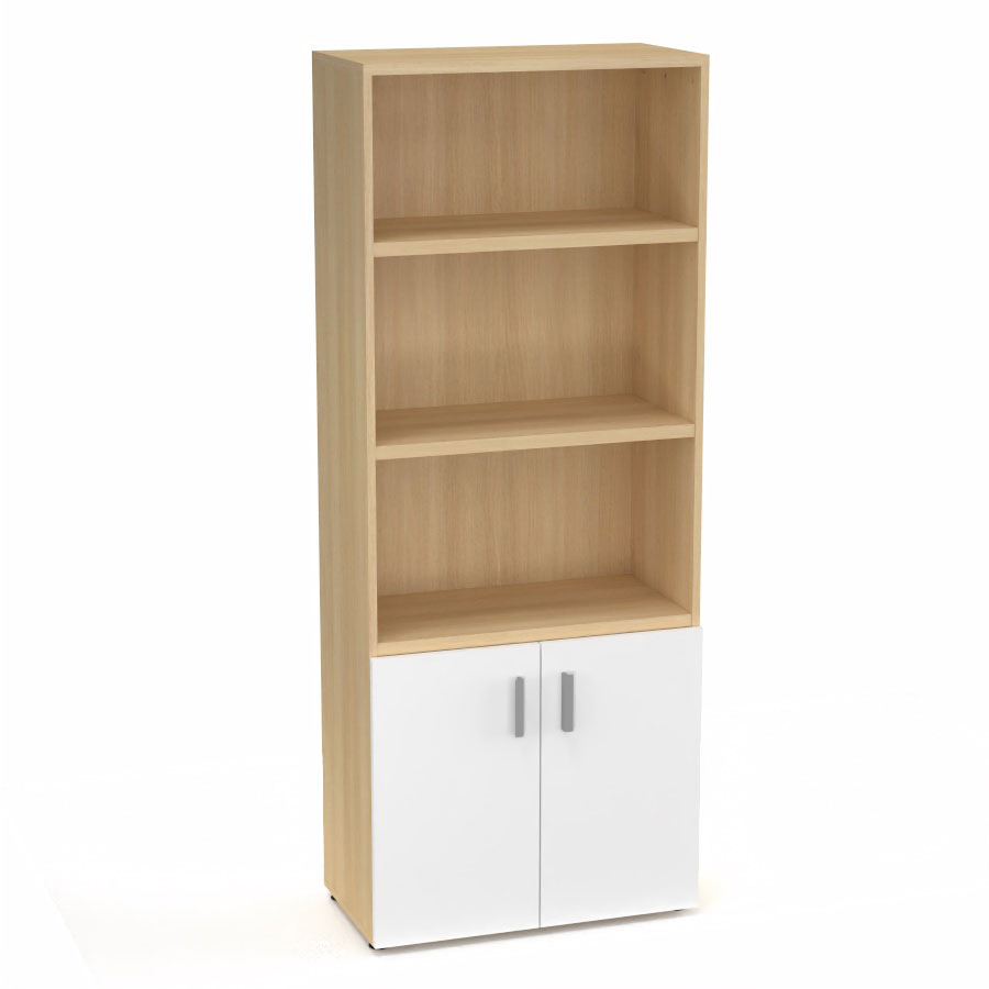 Armoire bibliothque Armand mlamine 4 tablettes H. 202,1 x L. 80 x P. 43,2 cm corps et top finition mlamine chne clair avec 2 portes soft-closing H. 735 cm mlamine blanc neige