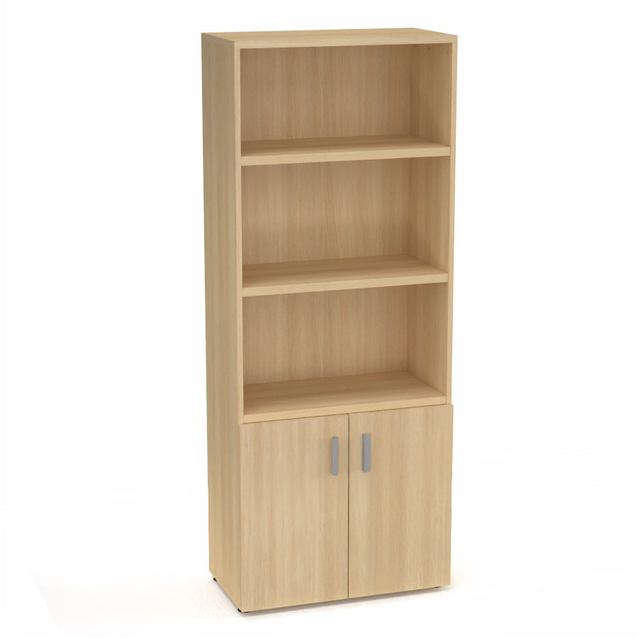 Armoire bibliothque Armand mlamine 4 tablettes H. 202,1 x L. 80 x P. 43,2 cm corps et top finition mlamine chne clair avec 2 portes soft-closing H. 735 cm mlamine chne clair