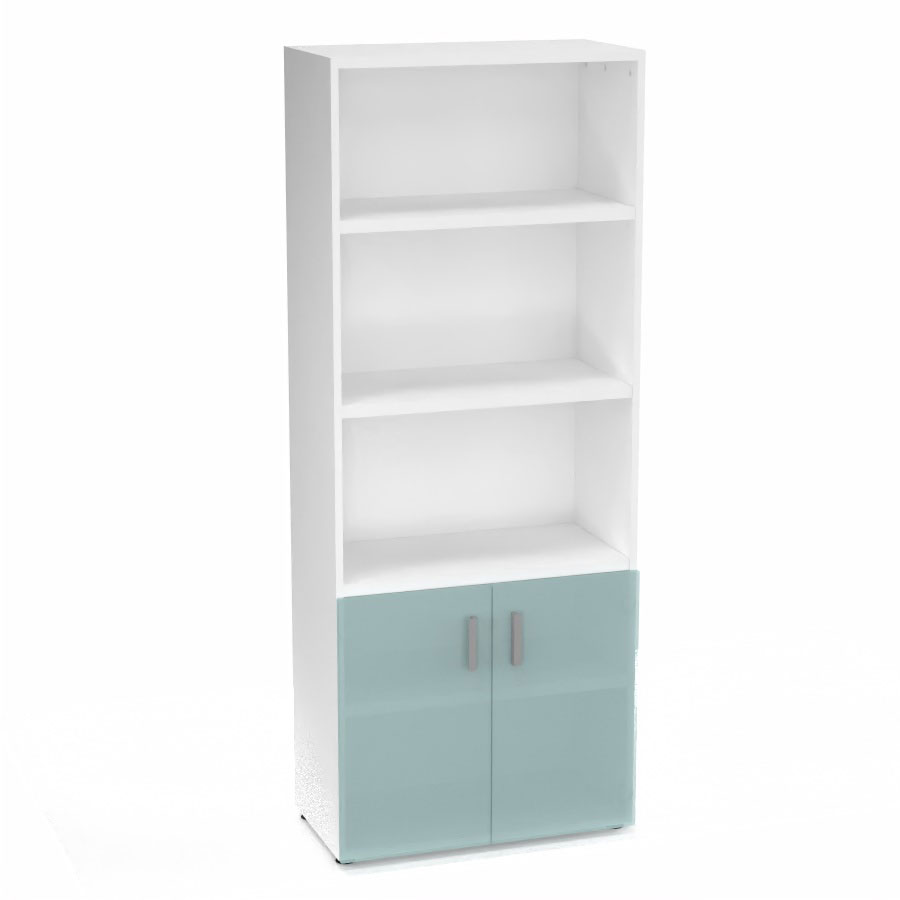 Armoire bibliothque Armand mlamine 4 tablettes H. 202,1 x L. 80 x P. 43,2 cm corps et top finition mlamine blanc neige avec 2 portes H. 735 cm verre dpoli transparent