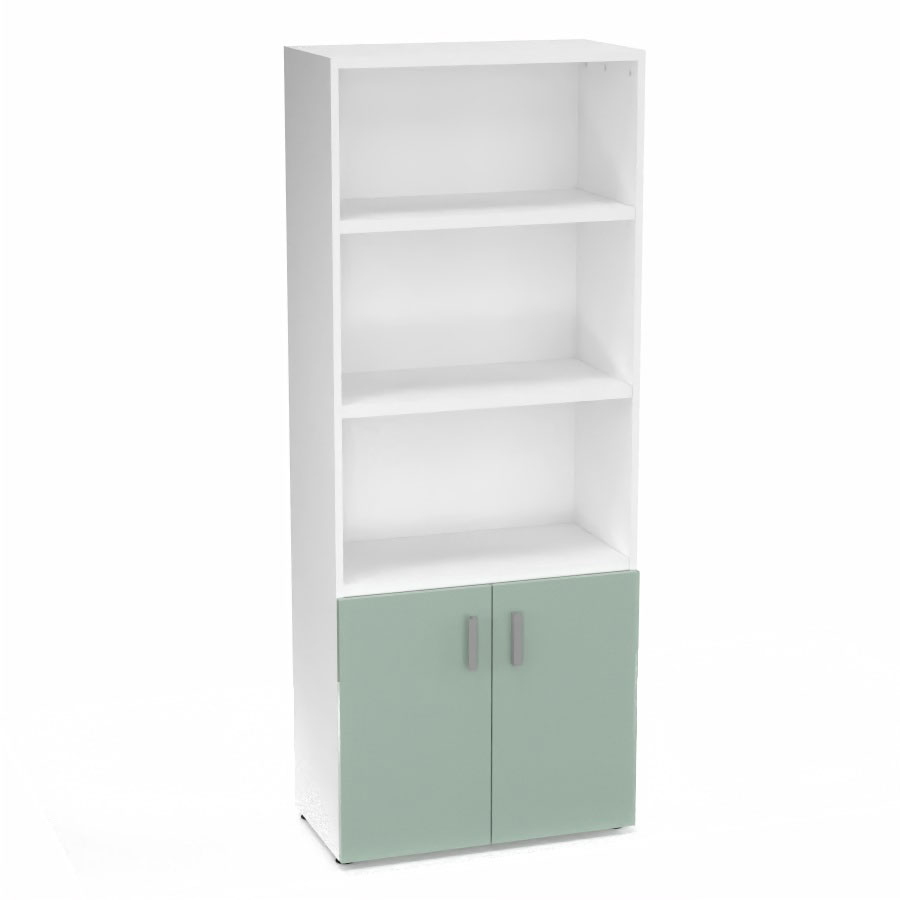 Armoire bibliothque Armand mlamine 4 tablettes H. 202,1 x L. 80 x P. 43,2 cm corps et top finition mlamine blanc neige avec 2 portes H. 735 cm verre maill blanc
