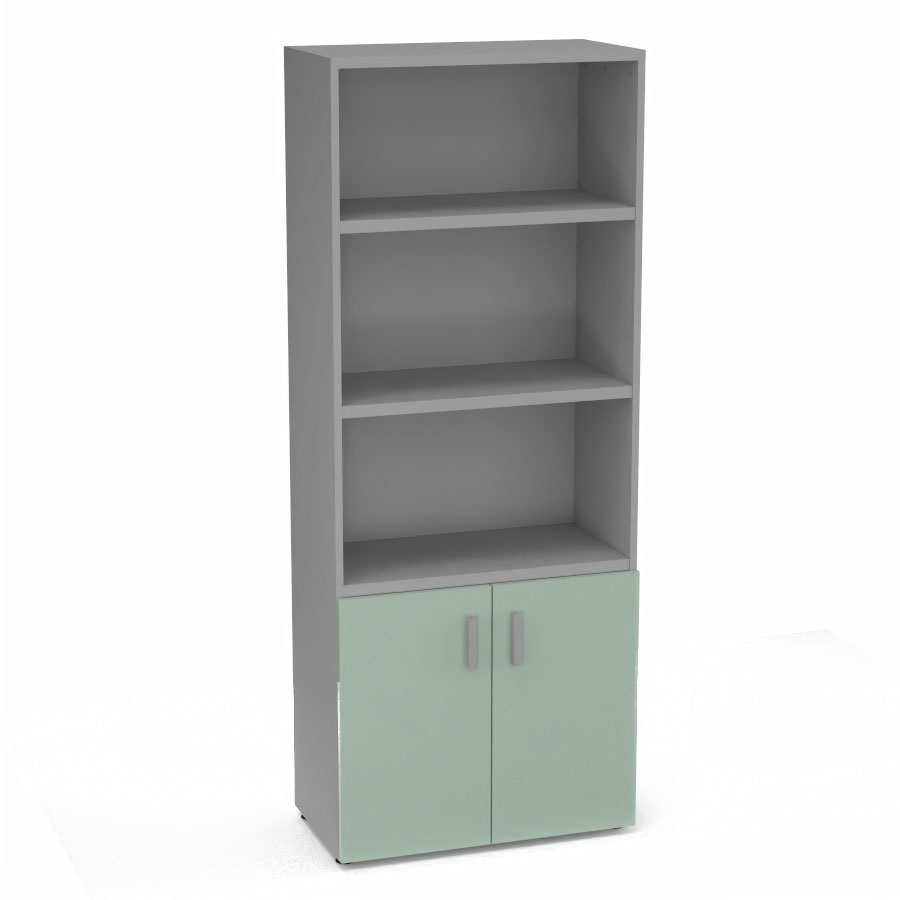 Armoire bibliothque Armand mlamine 4 tablettes H. 202,1 x L. 80 x P. 43,2 cm corps et top finition mlamine gris aluminium avec 2 portes H. 735 cm verre maill blanc