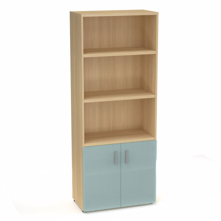 Armoire bibliothque Armand mlamine 4 tablettes H. 202,1 x L. 80 x P. 43,2 cm corps et top finition mlamine chne clair avec 2 portes H. 735 cm verre dpoli transparent