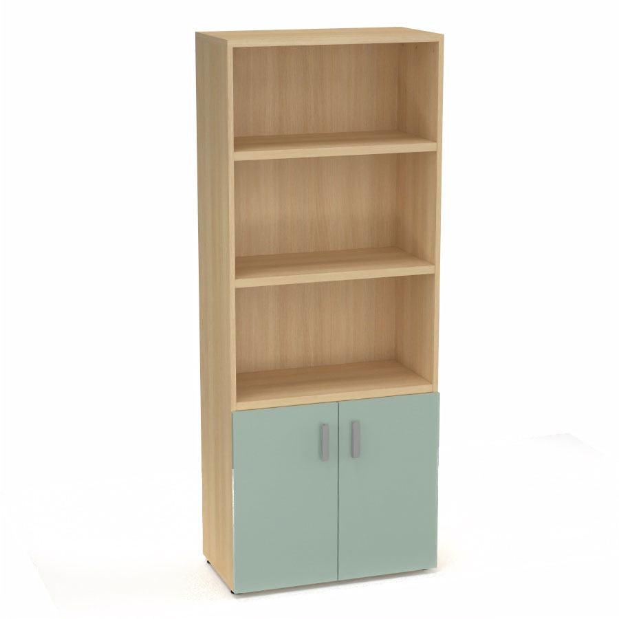Armoire bibliothque Armand mlamine 4 tablettes H. 202,1 x L. 80 x P. 43,2 cm corps et top finition mlamine chne clair avec 2 portes H. 735 cm verre maill blanc