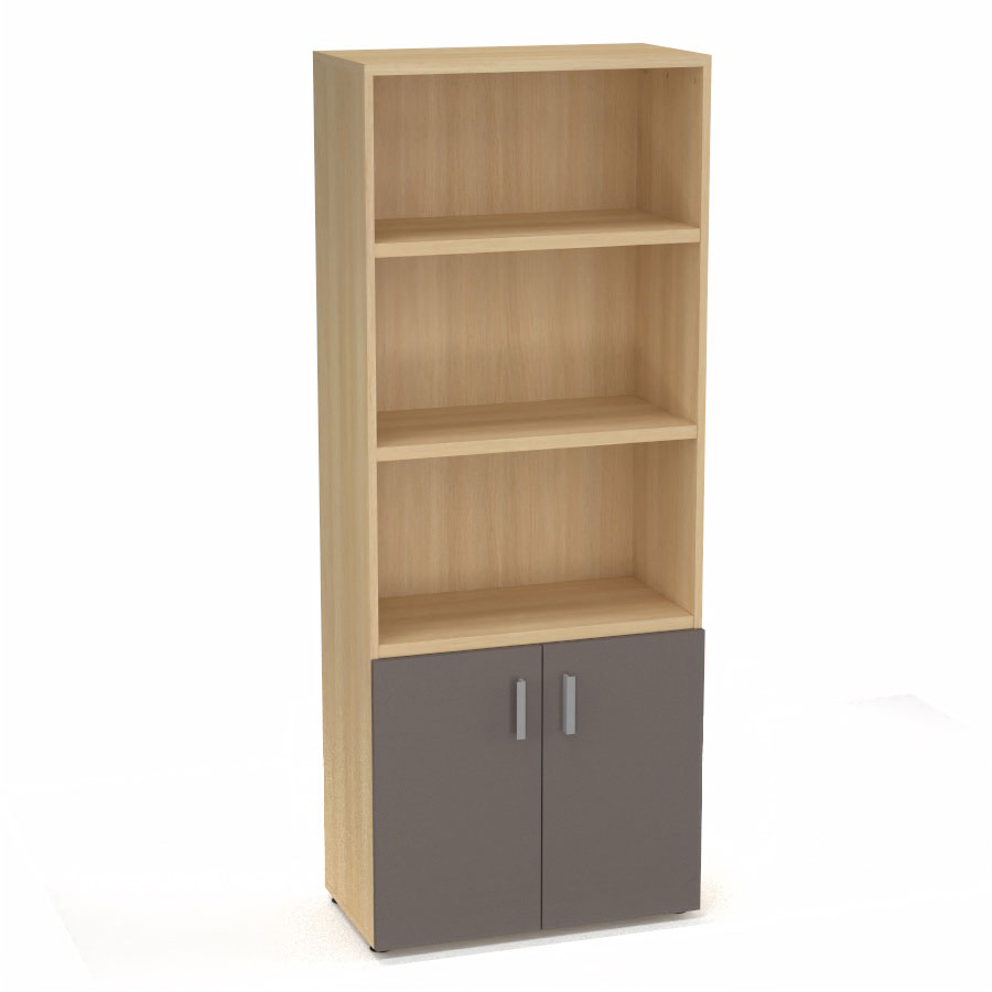 Armoire bibliothque Armand mlamine 4 tablettes H. 202,1 x L. 80 x P. 43,2 cm corps et top finition mlamine chne clair avec 2 portes H. 735 cm verre maill gris souris
