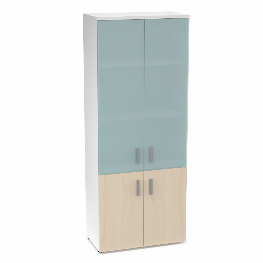 Armoire mlamine Armand 4 tablettes H. 202,1 x L. 80 x P. 43,2 cm corps et top finition mlamine blanc neige avec 2 portes soft-closing H 73,5 cm mlamine rable blanc et 2 portes H. 133,5 cm verre dpoli transparent