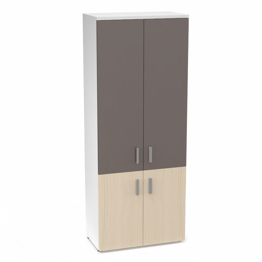 Armoire mlamine Armand 4 tablettes H. 202,1 x L. 80 x P. 43,2 cm corps et top finition mlamine blanc neige avec 2 portes soft-closing H 73,5 cm mlamine rable blanc et 2 portes H. 133,5 cm verre maill gris souris