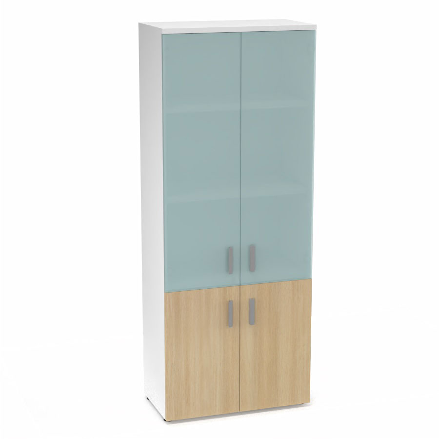 Armoire m�lamine Armand 4 tablettes H. 202,1 x L. 80 x P. 43,2 cm corps et top finition m�lamine blanc neige avec 2 portes soft-closing H 73,5 cm m�lamine ch�ne clair et 2 portes H. 133,5 cm verre d�poli transparent