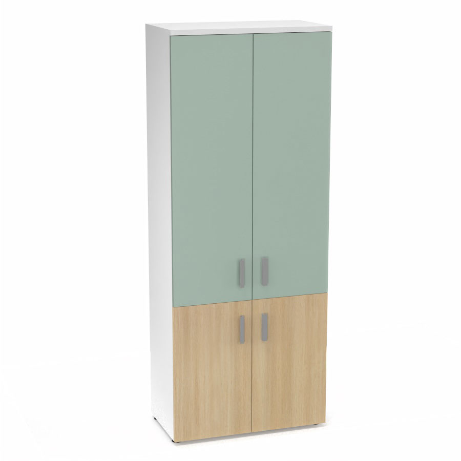 Armoire mlamine Armand 4 tablettes H. 202,1 x L. 80 x P. 43,2 cm corps et top finition mlamine blanc neige avec 2 portes soft-closing H 73,5 cm mlamine chne clair et 2 portes H. 133,5 cm verre maill blanc