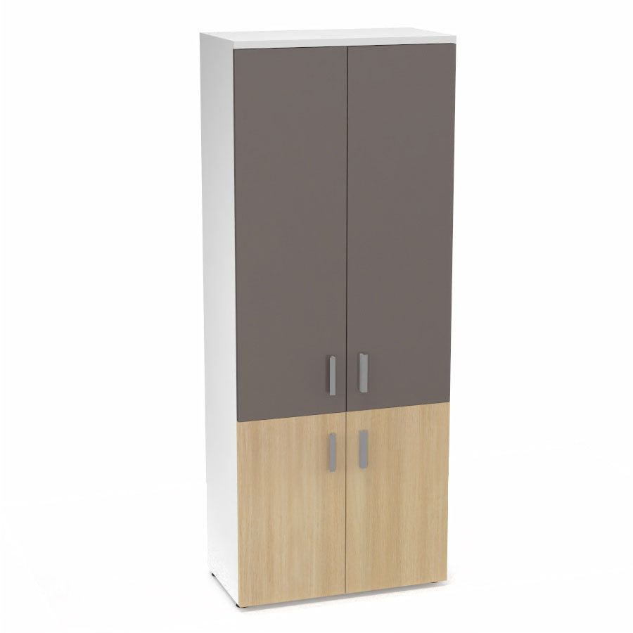 Armoire mlamine Armand 4 tablettes H. 202,1 x L. 80 x P. 43,2 cm corps et top finition mlamine blanc neige avec 2 portes soft-closing H 73,5 cm mlamine chne clair et 2 portes H. 133,5 cm verre maill gris souris