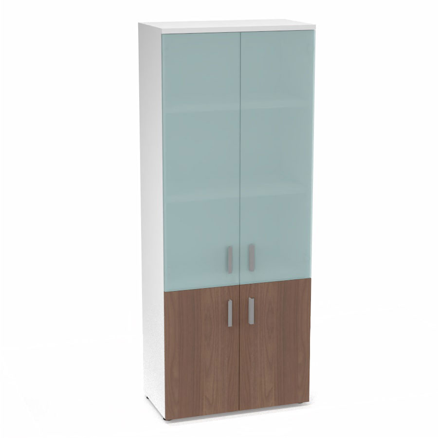 Armoire mlamine Armand 4 tablettes H. 202,1 x L. 80 x P. 43,2 cm corps et top finition mlamine blanc neige avec 2 portes soft-closing H 73,5 cm mlamine noyer ambr et 2 portes H. 133,5 cm verre dpoli transparent
