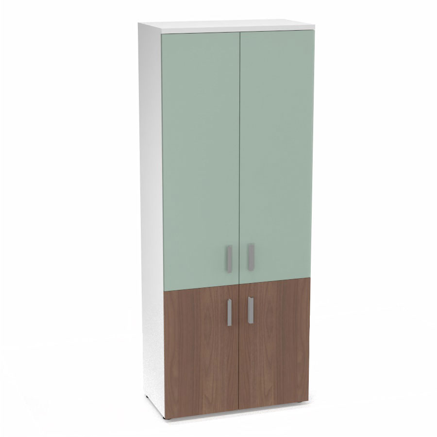 Armoire mlamine Armand 4 tablettes H. 202,1 x L. 80 x P. 43,2 cm corps et top finition mlamine blanc neige avec 2 portes soft-closing H 73,5 cm mlamine noyer ambr et 2 portes H. 133,5 cm verre maill blanc