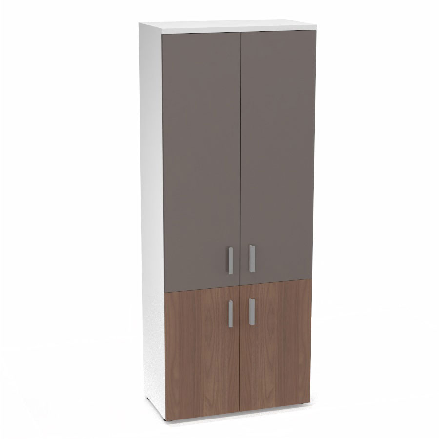 Armoire mlamine Armand 4 tablettes H. 202,1 x L. 80 x P. 43,2 cm corps et top finition mlamine blanc neige avec 2 portes soft-closing H 73,5 cm mlamine noyer ambr et 2 portes H. 133,5 cm verre maill gris souris