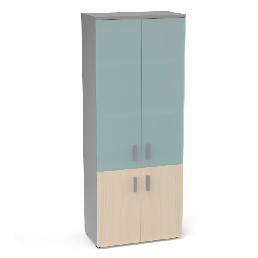Armoire mlamine Armand 4 tablettes H. 202,1 x L. 80 x P. 43,2 cm corps et top finition mlamine gris aluminium avec 2 portes soft-closing H 73,5 cm mlamine rable blanc et 2 portes H. 133,5 cm verre dpoli transparent