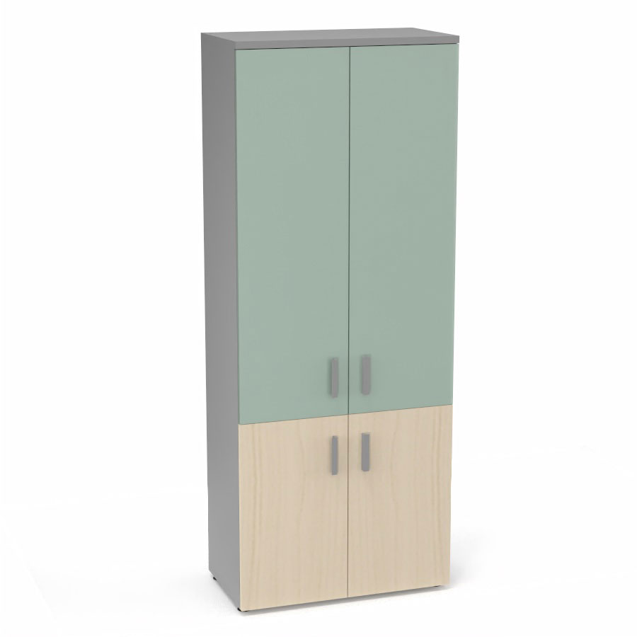 Armoire mlamine Armand 4 tablettes H. 202,1 x L. 80 x P. 43,2 cm corps et top finition mlamine gris aluminium avec 2 portes soft-closing H 73,5 cm mlamine rable blanc et 2 portes H. 133,5 cm verre maill blanc